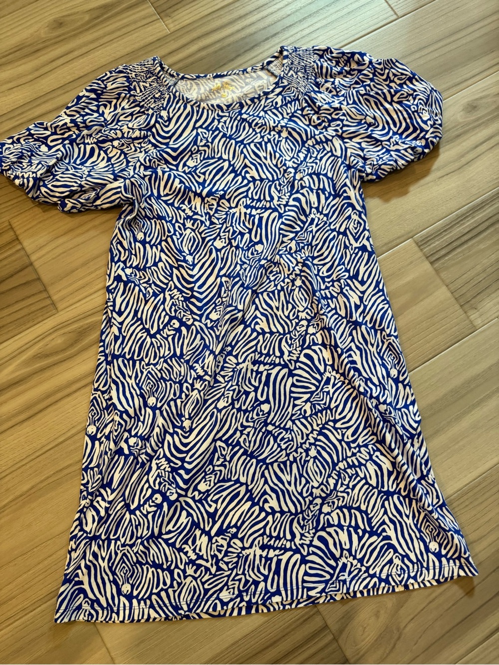 Lily Pulitzer Blue & White Printed Short Puff Sleeve Dress